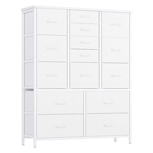 Image of Jojoka 15 Drawers Dresser for Bedroom, Tall Dressers & Chests of Drawers for Hallway, Entryway, Storage Organizer Unit with Fabric, Sturdy Metal Frame, Wood Tabletop, Easy Pull Handle (White)