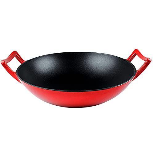 Bruntmor 14 Inch Enameled Cast Iron Wok/Pot. 14" Nonstick Enamel Skillet Pan With Large Loop Handles & Flat Base. Cookingware For Kitchen/Indoor/Outdoor Camping. (Red) #TOP4