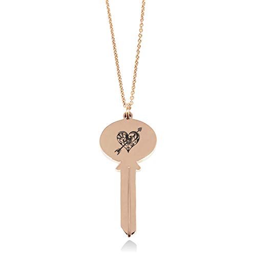 Rose Gold Plated Stainless Steel Tribal Heart and Arrow Oval Head Key Charm Pendant Necklace