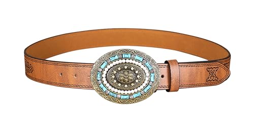 Embossed Belts for Women, Vintage Boho Waist Strap Ladies PU Leather Western Belts for Dresses Pants