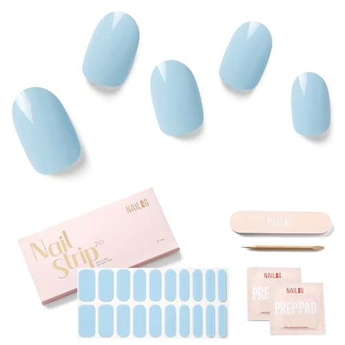 NAILOG Semi Cured Gel Nail Strips (20 Extra Long Stickers/Wraps) | Glossy & Long Lasting Soft Gel Finishing -26SS Baby Blue