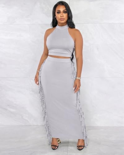 Image of 2 Piece Outfits for Women Sexy Halter Neck Sleeveless Crop Tops Ruched Bodycon Dresses Jumpsuits Fringe Skirt Sets