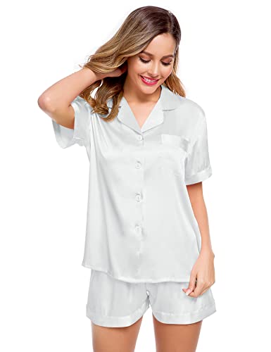 Image of LecGee Womens Silk Satin Pajamas Short Sleeve Loungewear Two-Piece Sleepwear Button-Down Pj Set