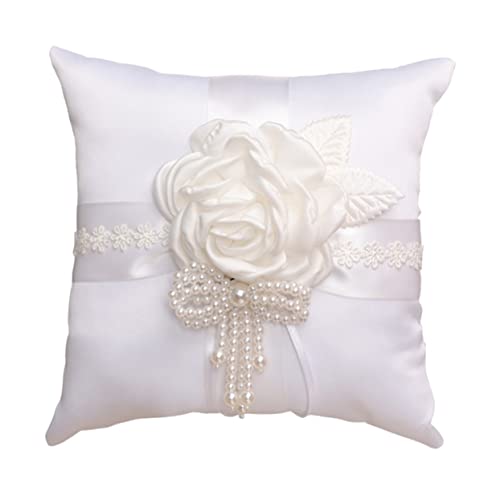 BRIGHTFUFU Wedding Ring Pillow Bridal Ring Cushion Floral Design White Wedding Decor for Wedding Party