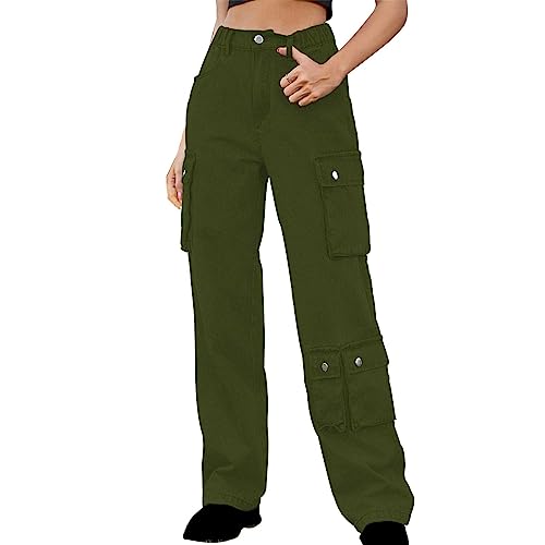 Women Cargo Pants Parachute Straight Wide Leg Baggy Pants High Waist Fashion Y2K Teen Girls Elastic Jeans Trousers