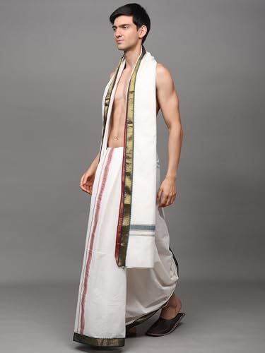 Men's Cotton Dhoti and Angavastram with Zari Woven Border | Elegant Border Design Dhoti Gamcha Set for Wedding Pooja Festive Wear3