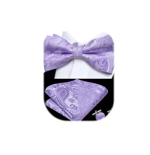 Image of Dubulle Mens Paisley Striped Bowtie Set Pre-tied Bowtie for Men and Pocket Square Set Wedding Business