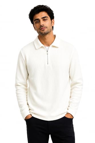 Image of Men's Beige Textured Quarter Zip Polo T-Shirt