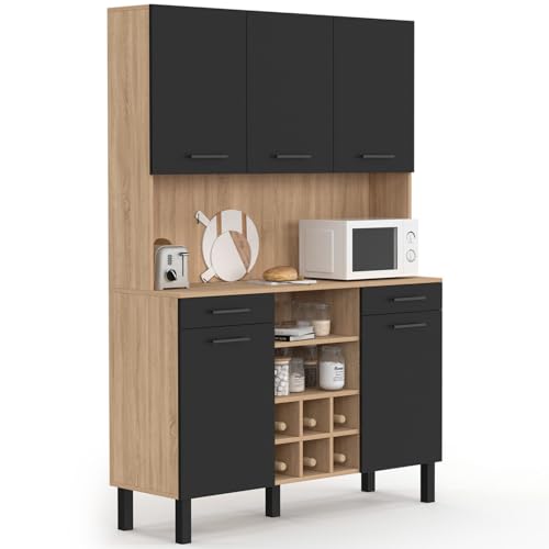 IDMarket - Buffet de Cuisine 120 CM CINA 5 Portes + tiroirs + Range-Bouteilles façon hêtre et Noir