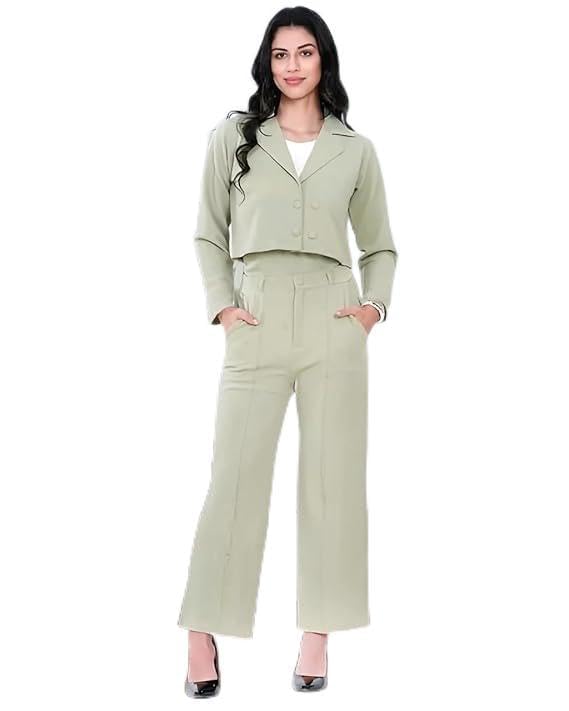 Women's Elegant Beige Co-Ord Set for Women – Long Sleeve Cropped Blazer Jacket with High Waist Wide Leg Trousers, Formal Office Wear Two Piece Outfit. (IN, Alpha, XL, Regular, GREEN)-image-22