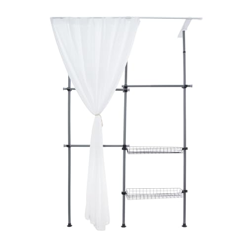 DJOAIUYF Armario, perchero ajustable con cortina y cestas de malla, barra de ropa, armario abierto, capacidad de carga de la barra horizontal: 60 kg (gris y blanco)