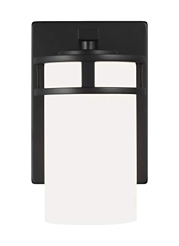 Image of Generation Lighting 4121601EN3-112 Robie Etched /White Glass Cylinder LED Wall Sconce Lighting Fixture, 1-Light 9.3 Watt, 8 inch H x 5 inch W, Midnight Black