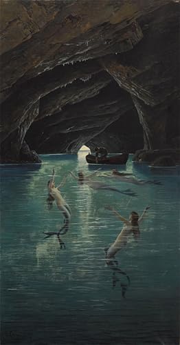 Peinture sur toile décoration chambre pêcheur et sirènes dans la grotte