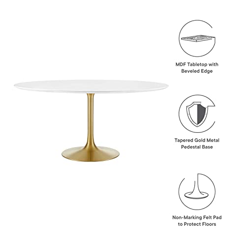 Image of Modway Lippa 60 inch Mid-Century Modern Dining Table with Round White Top and Pedestal Base in Gold White