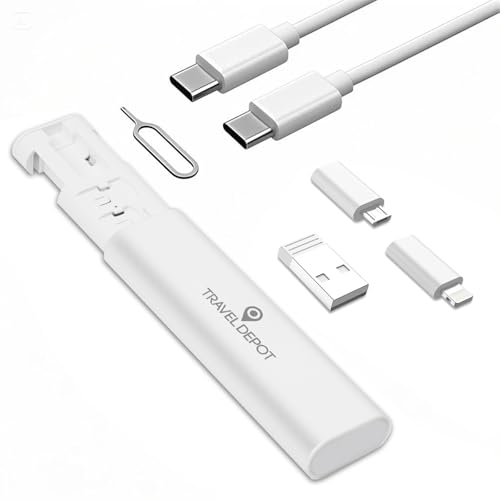 Travel Depot USB C Adapter OTG Cable Kit, L Connector to Type C Converter Case, Conversion Set A Type C L Micro USB Adapter Kit, 60W Charging & Data Transfer Cable Set w/SIM Tray Eject Tool, White