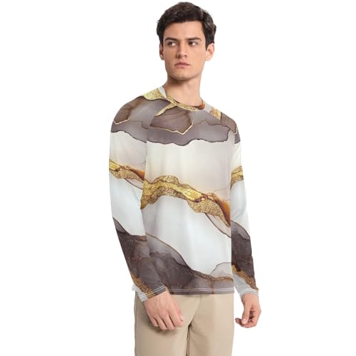 Marble White Brown Men's Rash Guard Shirts Loose Type Round Neck Sun Protection Long Sleeve Running3