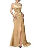 Miusol Women's Sexy Halter Sequin Lace Satin High Split Ruched Style Evening Party Maxi Dress (Small, Golden)