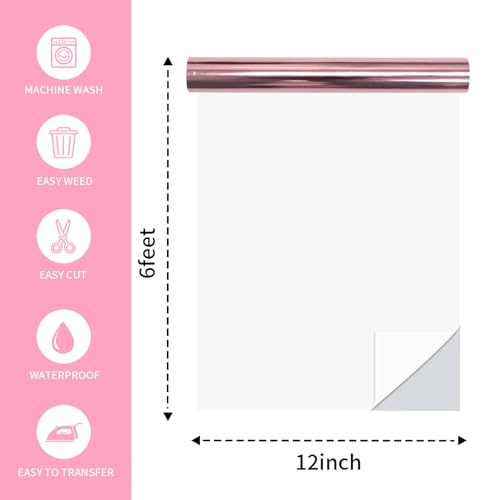 Image of Pink Heat Transfer Vinyl Roll, 12 inch x6 Ft Mirror Metallic Iron on Vinyl, Soft Metallic Foil HTV for T-Shirt, Chrome HTV Easy to Cut & Weed for Heat Vinyl Design
