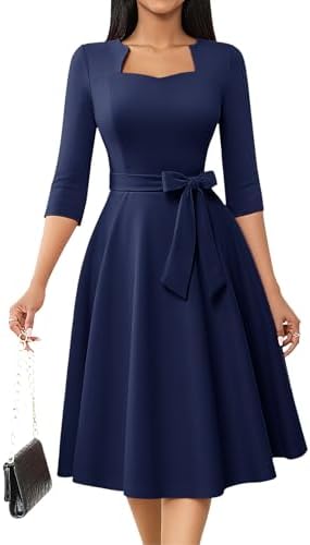 HomRain Women's Formal Cocktail Dresses Flared Wedding Guest with 3/4  Sleeves A-Line Tea Party Vintage Church Dress, Navy, S : Amazon.ie: Fashion