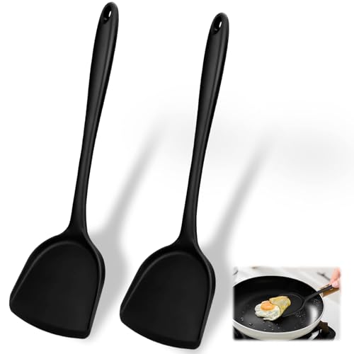 Pack of 2 Silicone Wok Spatula,Silicone Turner Spatula,Silicone Spatula for Cooking,Non-Stick,BPA Free,Heat Resistant, Easy to Clean, for Cooking, Baking, Flipping Eggs, Pancake, Burgers (Black)