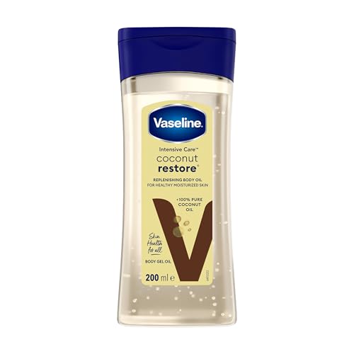 Olio corpo Vaseline Intensive Care Coconut Restore per una pelle sana e idratata. Gel corpo rigenerante a base di olio di cocco puro al 100%, (1 x 200ml)