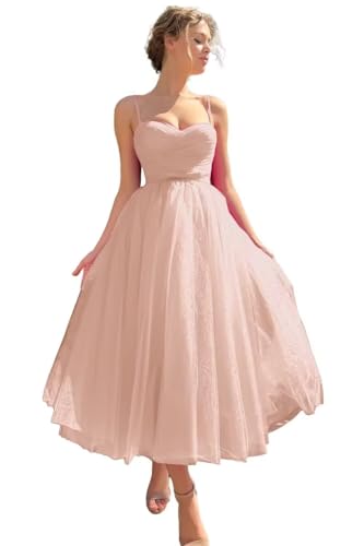 Image of A line Ruched Tulle Prom Dress Spaghetti Straps for Women, Tea Length Sweetheart Homecoming Dress Cocktail Dress