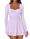 IWD Women's Fashion 2025 Long Sleeve Square Neck Ruffle Mini Dress Flowy Ruched Waist Corset A Line Dress Party Club Short Dresses Light Purple Small