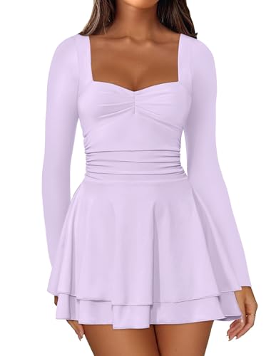 IWD Women's Fashion 2025 Long Sleeve Square Neck Ruffle Mini Dress Flowy Ruched Waist Corset A Line Dress Party Club Short Dresses Light Purple X-Large