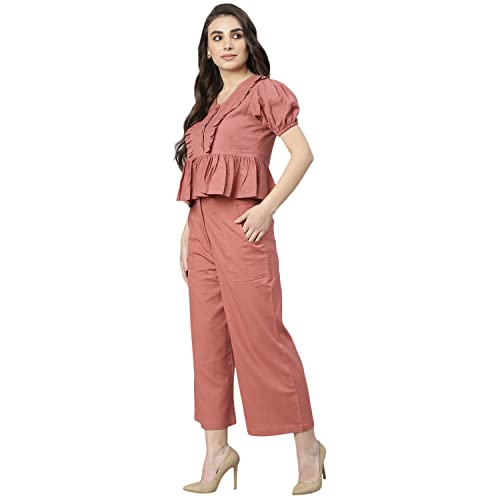 Image of DEEBACO Women's Solid Calf Length Top with Trouser|V-Neck|Short Sleeve|Cord Set for Women Cotton|Jumpsuits Western Dress for Women Stylish|Two Piece Co ord Set|Party Casual Wear(Aqua Blue)