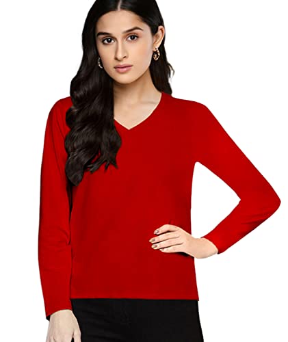 Image of Premium Plain Women V Neck Full Sleeves Cotton Tshirt. Festive,Offer,Discount,Sale,Limited Edition, Trending Tees and Tshirts.
