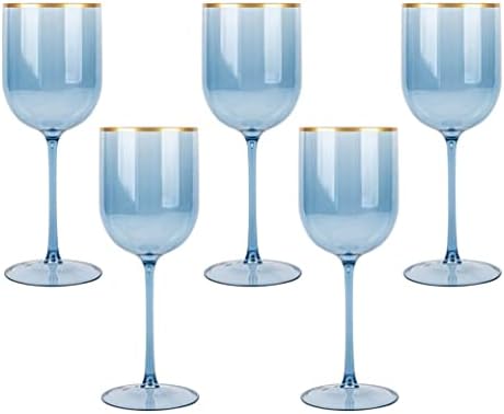 Blue Wine Cup with Gold rim Plastic Wine Glasses Set of 5 Elegant Wine Goblets Hard Plastic Wine Cups on Stem 12 Ounce