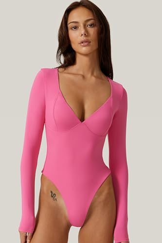 Image of QINSEN Women's Long Sleeve Bodysuit V Neck Body Suits Seamed Cup Going Out Tops Shirt