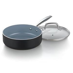 Cook N Home Nonstick Ceramic 3.5-QT Deep Sauté Pan with Lid, 9.5-inch Deep Frying Pan Skillet with Stay-Cool Stainless Steel Handle, Black & Gray
