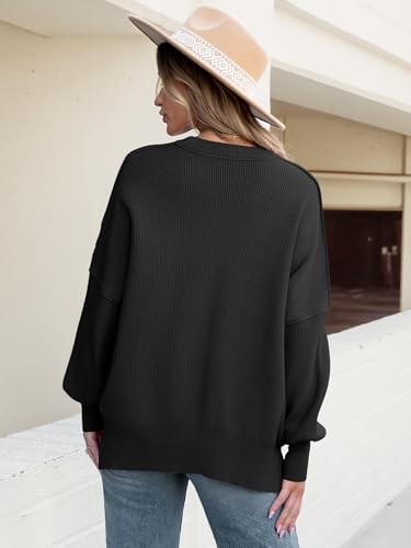 Anrabess Women Crewneck Batwing Long Sleeve 2024 Fall Oversized Side Slit Ribbed Knit Pullover Sweaters Top Cozy Outfits Black Small thumb #5