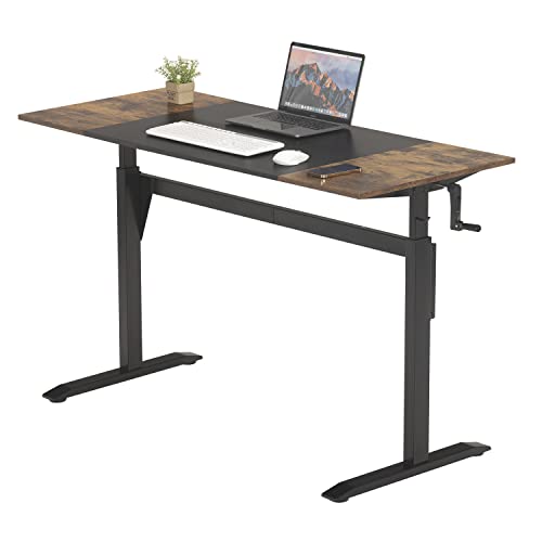 UNICOO - Crank Adjustable Height Standing Desk, Height Adjustable Game Desk, Home Office Table, Computer Table 55 * 23.6 in Tabletop (XJH-C-55 Rustic Brown+Black)