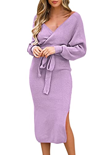 Image of Viottiset Women's V Neck Long Batwing Sleeve Wrap Midi Knit Sweater Dress Elegant Backless with Belt Slit