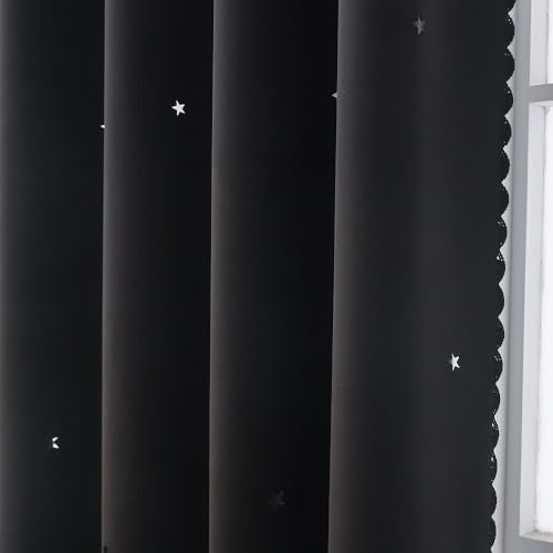 Ftinala Cute Blackout Curtains for Girls Bedroom - Black Aesthetic Star Cutout Double Layer with Sheer Overlay, 54 Inch Length 2 Panels Teens Kids Room Curtain Nursery Decor Short Drapes