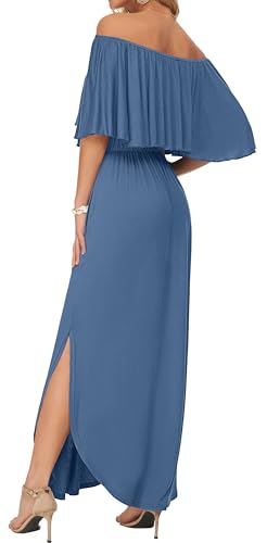 Image of AUSELILY Womens Off Shoulder Ruffle Split Summer Maxi Dresses with Pockets | Off-shoulder Ruffle dress with empire waist & side split for summer beach and casual parties