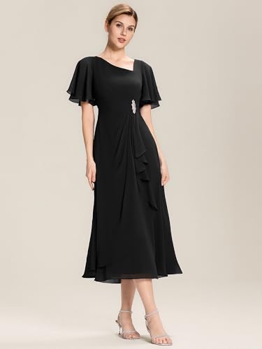 Ever-Pretty Women's Asymmetrical Neck Short Sleeves Chiffon Midi A-Line Mother of The Bride Dresses 024634