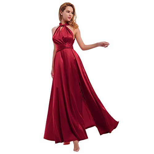 Amazon.com: Women Satin Infinity Dress with Bandeau Halter Neck Convertible Bridesmaid  Dress with Slit Wedding Guest Multi-Way Dress Long Evening Cocktail Side  Split Spaghetti Strap Twist Wrap Dress Burgundy XS : Clothing,