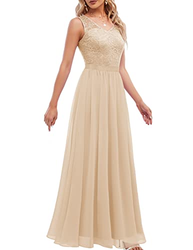 DRESSTELLS Damen Ärmellos Abendkleider Chiffon Spitzen Brautjungfernkleider Vintage Cocktailkleider Festlich Elegant Ballkleid Champagne XL