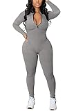 Women's One Piece Bodycon Jumpsuits Long Sleeve Mock Neck Zipper High Waisted Ribbed Catsuits Outfits Gray XXL