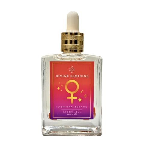 Soulology.club Crystal Infused Divine Feminine Intentional Luxury Body Oil 40ml, Handmade with 100% Clear Jojoba Oil + Vitamin E & Phthalate-Free Fragrances, A Magic Feminine organic Body oil.