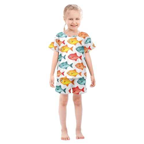ALAZA Cartoon Fish Red Blue Pajamas Set Short Sleeve Cotton Sleepwear Summer Pjs 2 Piece 5-14Y3