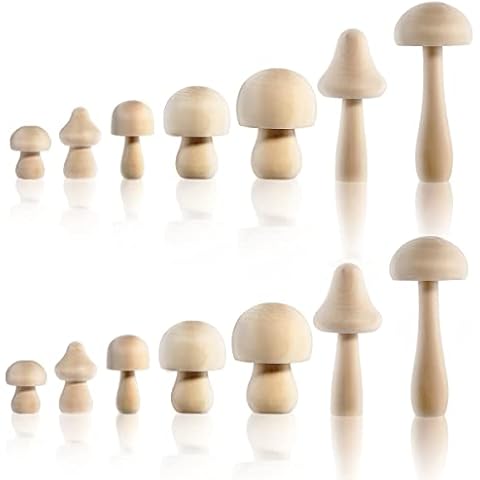 14pcs Unfinished Wooden Mushroom Various Big Sizes Natural Unpainted Wood Mushroom Decor Blank Peg Dolls for Children's Arts and Crafts Projects Decoration DIY Paint Color Cover