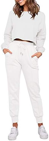ZESICA Women's Long Sleeve Crop Top and Pants Pajama Sets 2 Piece Jogger Long Sleepwear Loungewear Pjs Sets White
