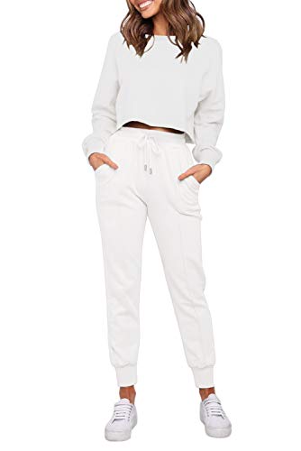 Zesica Women's Long Sleeve Crop Top And Pants Pajama Sets 2 Piece Jogger Long Sleepwear Loungewear Pjs Sets,White,Small #TOP4