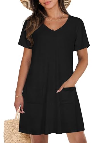 CHICGAL Summer Dresses for Women V Neck Short Sleeve Casual Loose T Shirt Sundress Beach Cover Ups with Pockets(Black, L)