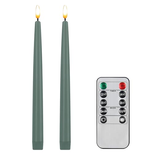 Image of CVHOMEDECO. Flameless Taper Candles with 10-Key Remote, Battery Operated Led Flickering 3D Wick Window Candles Real Wax Finished Home Christmas Party Decor 0.78 x 11 Inch, Pack of 2, Grey Green