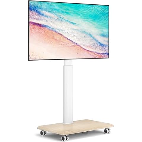 YOMT Floor TV Stand with Mount for 32-70 Inch Flat Screen/Curved TVs, Swivel Rolling Height Adjustable Portable TV Stand on Wheels, Modern Mobile Wood Base White TV Stand for Bedroom Home Office Cover